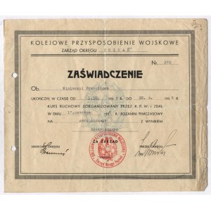 [ZAŚWIADCZENIE ukończenia kursu kolejowego]. Zaświadczenie wystawione Franciszkowi Winiarskiemu, który ukończywszy kurs ...
