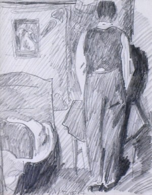 Stanisław Kamocki (1875-1944), Postać męska we wnętrzu, wizerunek własny? ukazany tyłem, 1937