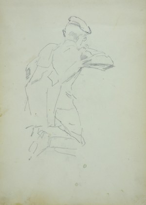 Wojciech Kossak (1856-1942), Ułan w przyklęku, złożony do strzału, ukazany tyłem – szkic