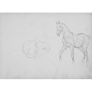 Karol Kossak (1896-1975), Studium konia idącego stępem, zarys głowy mężczyzny, 1922