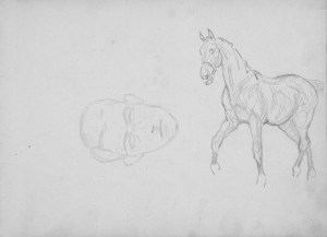 Karol Kossak (1896-1975), Studium konia idącego stępem, zarys głowy mężczyzny, 1922