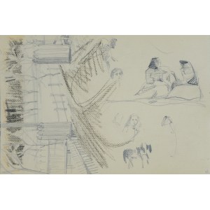 Włodzimierz Tetmajer (1861 – 1923), Zagroda oraz szkice wiejskich kobiet, konia, ok. 1900