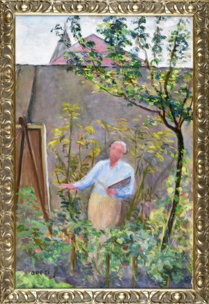 Irena WEISS-ANERI (1888-1981), Mój Mistrz w ogródku maluje [W ogrodzie - Wojciech Weiss przy sztaludze], 1935