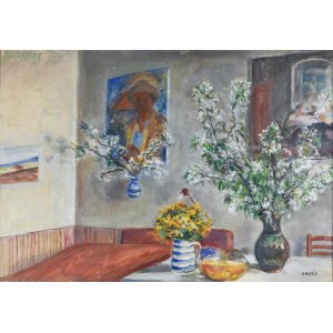 Irena WEISS-ANERI (1888-1981), Interiér umelcovho bytu s kvetmi a portrétom Wojciecha Weissa