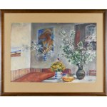 Irena WEISS-ANERI (1888-1981), Wnętrze mieszkania artystki z kwiatami i portretem Wojciecha Weissa
