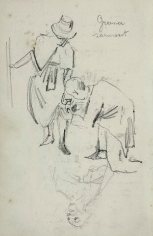 Stanisław KACZOR BATOWSKI (1866-1945), U krawca - Kobieta pochylająca się i klęczący przy niej mężczyzna trzymający rąbek jej sukienki oraz szkic popiersia duchownego