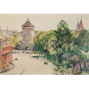 Wladyslaw Jarocki (1879 Tarnopol - 1965 Krakau), Krakauer Barbakane, Blick auf die Dächer von Krakau - doppelseitiges Werk, 1926.