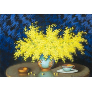 Marian Szczerbiński (1900-1981), Mimosen in einer farbigen Vase