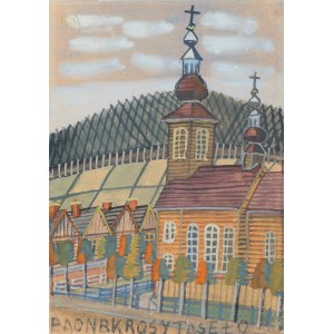 NIKIFOR Krynicki (1895-1968), Landschaft mit einer Holzkirche.