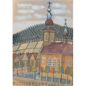 NIKIFOR Krynicki (1895-1968), Pejzaż z drewnianym kościołem