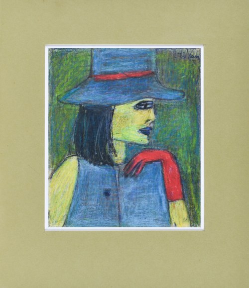 Eugeniusz TUKAN-WOLSKI (1928-2014), Portret kobiety w kapeluszu i czerwonej rękawiczce z prawego profilu