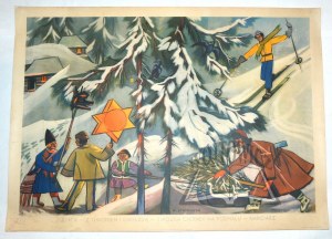 STRYJEŃSKA Zofja, (Vier Jahreszeiten). Winter-With a turon and a star-Carriage of Christmas trees in Podhale-Narciarz.
