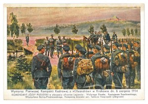 (PIŁSUDSKI, Legiony). Wymarsz Pierwszej Kompanii Kadrowej z Oleandrów w Krakowie 6 sierpnia 1914.