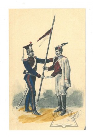 (MILITÄR). Soldat in der Uniform eines Aufständischen vom November (1830/31), der die Fahne an einen Soldaten in der Uniform eines Aufständischen vom Januar (1863) übergibt