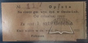 (JUDAIKA). Fee for the benefit of the Jewish denomination in Opole-Lub. From ritual slaughter.