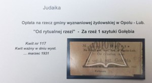 (JUDAIKA). Poplatok v prospech židovskej komunity v Opole-Lub. Z rituálnej porážky.
