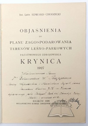 CHODZICKI Edward, Objaśnienia do planu zagospodarowania terenów leśno-parkowych państwowego zdrojowisko Krynica 1927.