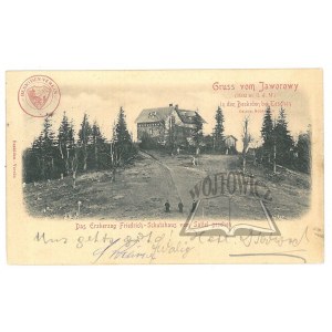 (BESKIDY. Jaworowy). Das Erzherzog Friedrich-Schutzhaus vom Sattel gesehen.
