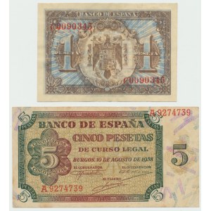 Spanien, Satz von 1 Peseta 1940 und 5 Pesetas 1938