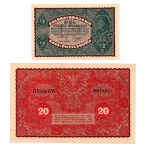 II RP, Set of 1/2 and 20 Polish marks 1919