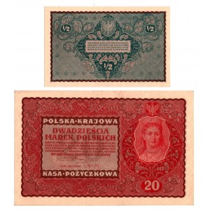 II RP, Set of 1/2 and 20 Polish marks 1919
