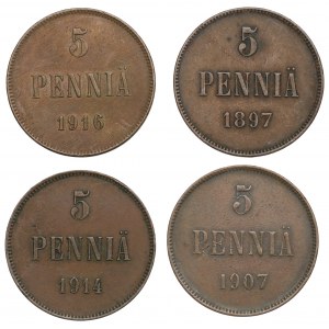 Russian occupation of Finland, Lot of 5 pennia 1897-1916