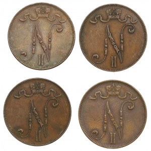 Russian occupation of Finland, Lot of 5 pennia 1897-1916