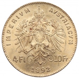 Rakousko, 10 franků (4 florény) 1892