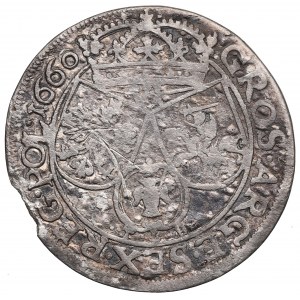 Jan II Kazimír, šestipence 1660, Krakov - iniciály pod erbem