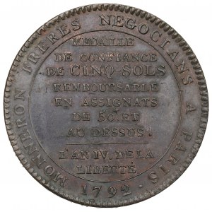 Francie, medaile (5 solů) Monneron Freres 1792