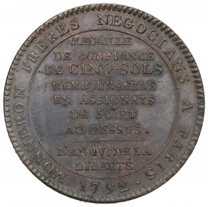 Francia, Medaglia (5 sols) Monneron Freres 1792