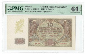 GG, 10 zlatých 1940 vzácná série N, padělek z druhé světové války Londýn - PMG 64 EPQ
