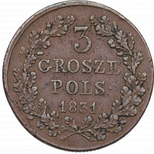 Rivolta di novembre, 3 centesimi 1831 - zampe d'aquila diritte