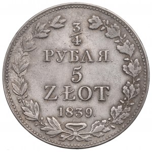 Ruské dělení, Mikuláš I., 3/4 rublu=5 zlatých 1839 MW, Varšava
