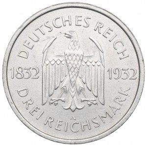 Německo, Výmarská republika, 3 marky 1932 A, Goethe