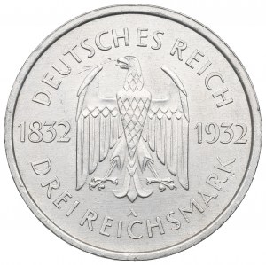 Allemagne, République de Weimar, 3 marques 1932 A, Goethe