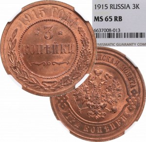 Russia, Nicholas II, 3 kopecks 1915 - NGC MS65 RB