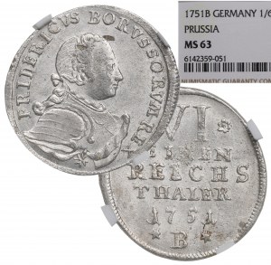 Germany, Prussia, 1/6 thaler 1751 B - NGC MS63