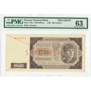 PRL, 500 złotych 1948 AA - PMG 63 WZÓR
