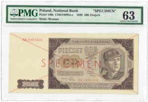 PRL, 500 złotych 1948 AA - PMG 63 WZÓR