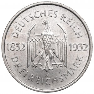 Allemagne, République de Weimar, 3 marques 1932 A, Goethe