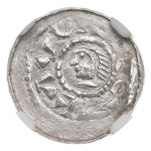 Boleslao II il Temerario, Cracovia, denario, principe a cavallo - NGC MS63