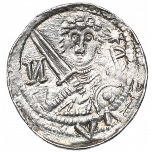 Ladislao II l'Esiliato, Cracovia, denario, principe e vescovo, lettere N B e soli - OKAZOWY
