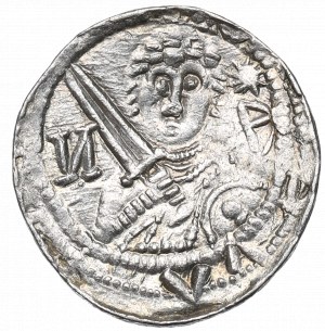 Ladislao II l'Esiliato, Cracovia, denario, principe e vescovo, lettere N B e soli - OKAZOWY