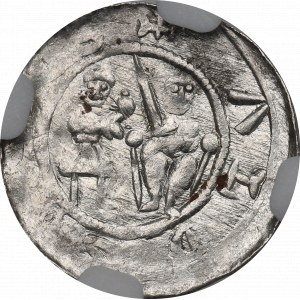 Ladislas II l'Exilé, Cracovie, denier, bataille avec un petit lion - NGC MS63