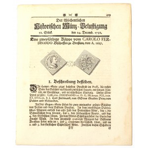 Historischen Munz-Belustigung 1731 - coupure de presse de Charles Ferdinand Vasa