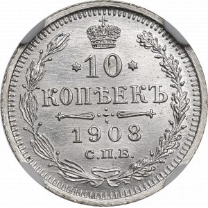 Rusko, Mikuláš II, 10 kopejok 1908 - NGC UNC Podrobnosti