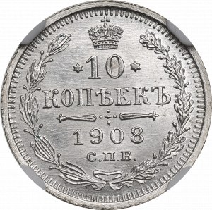 Rusko, Mikuláš II, 10 kopejok 1908 - NGC UNC Podrobnosti