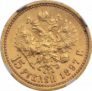 Rusko, Mikuláš II, 15 rublů 1897 AГ - NGC MS62