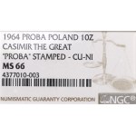 People's Republic of Poland, 10 zloty 1964 Casimir III the Great - inscription intaglio Sample CuNi NGC MS66